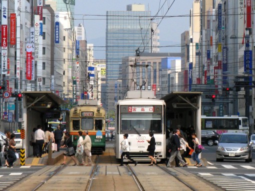 Contemporary Hiroshima Street Scene.  Gembaku Dohmu just to the right.  Baseball stadium just out of frame to the left (for the Hiroshima Carp). May 16, 2008. 